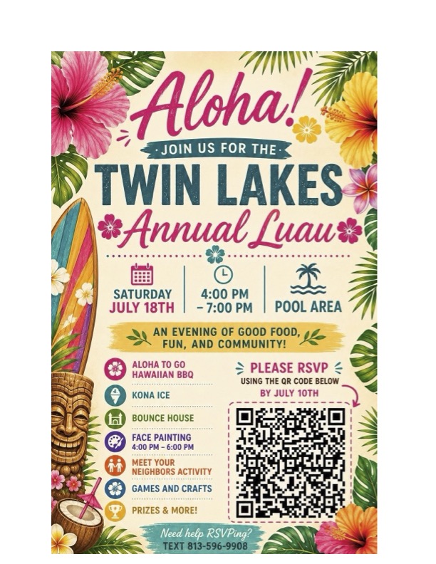 Twin Lakes Luau infographic with event details.